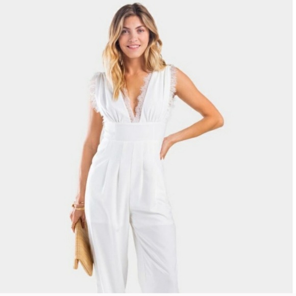 Francesca's Collections Pants - Francesca’s Collection White Jumpsuit Deep V neck